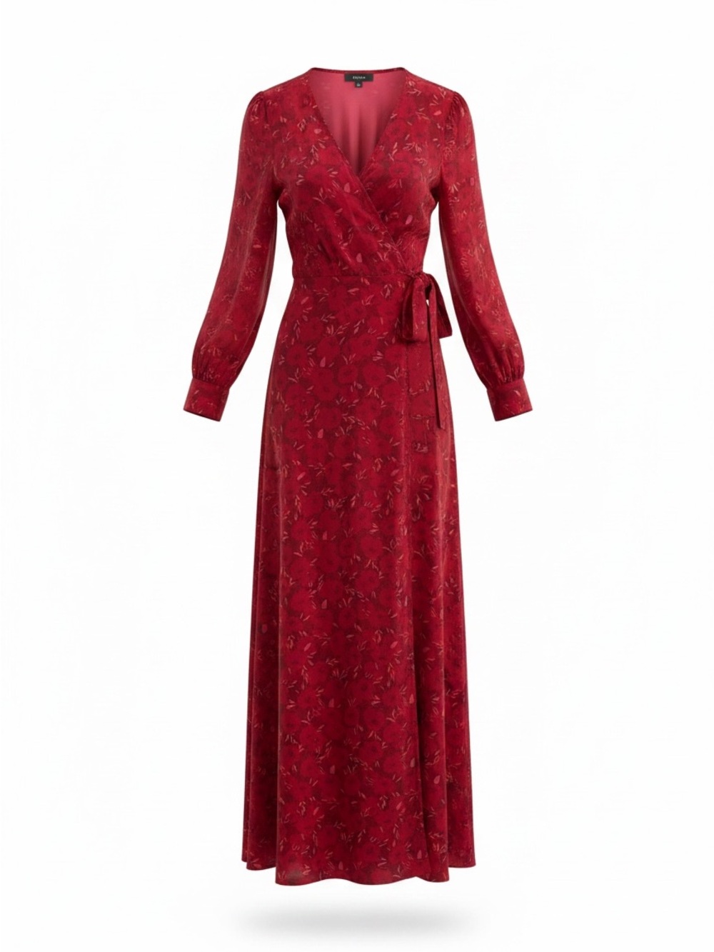 Aakaa Red-Pink Printed Long Sleeve Belted Maxi Dress